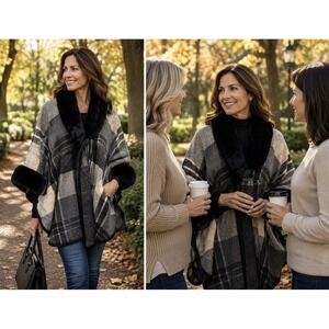Seven Island Faux Fur Trim Poncho Cape Wrap Coat Plus One Size Gray plaid